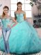 Lovely Aqua Blue Two Pieces Tulle Off The Shoulder Sleeveless Beading and Ruffles Floor Length Lace Up 15 Quinceanera Dress