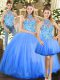 Modern Tulle Halter Top Sleeveless Lace Up Embroidery Quinceanera Gown in Blue