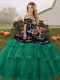 Colorful Green Sleeveless Embroidery and Ruffled Layers Lace Up 15 Quinceanera Dress
