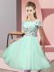 Flare Apple Green Tulle Lace Up Off The Shoulder Short Sleeves Knee Length Quinceanera Dama Dress Appliques