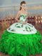 Green Ball Gowns Organza Sweetheart Sleeveless Embroidery and Ruffles and Bowknot Floor Length Lace Up Quince Ball Gowns