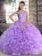 Lavender Fabric With Rolling Flowers Lace Up Scoop Sleeveless Floor Length Ball Gown Prom Dress Beading