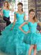 Off The Shoulder Sleeveless Quinceanera Gown Floor Length Beading and Ruffles and Pick Ups Aqua Blue Organza