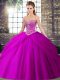 Fuchsia Ball Gowns Tulle Sweetheart Sleeveless Beading and Pick Ups Lace Up Ball Gown Prom Dress Brush Train
