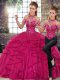 Sleeveless Floor Length Beading and Ruffles Lace Up Quince Ball Gowns with Fuchsia