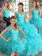 Sleeveless Floor Length Beading and Ruffles and Pick Ups Lace Up Vestidos de Quinceanera with Aqua Blue