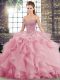 Super Pink Ball Gowns Tulle Sweetheart Sleeveless Beading and Ruffles Lace Up Quinceanera Gown Brush Train