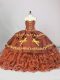 Lace Up Ball Gown Prom Dress Brown and In with Embroidery and Ruffled Layers Brush Train