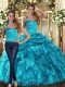 Artistic Teal Halter Top Lace Up Ruffles and Pick Ups Ball Gown Prom Dress Sleeveless