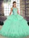 Traditional Apple Green Tulle Lace Up Quinceanera Gowns Sleeveless Floor Length Lace and Embroidery and Ruffles