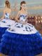 Sexy Royal Blue Lace Up Sweetheart Embroidery and Ruffled Layers Sweet 16 Quinceanera Dress Organza Sleeveless