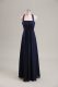 Cute Navy Blue Empire Chiffon Halter Top Sleeveless Ruching Floor Length Lace Up Ball Gown Prom Dress