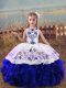 Charming Sleeveless Organza Floor Length Lace Up Little Girl Pageant Gowns in Royal Blue with Embroidery and Ruffles