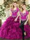 Amazing Floor Length Two Pieces Sleeveless Fuchsia Quinceanera Dress Lace Up