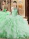 Apple Green Halter Top Lace Up Beading and Ruffles Quinceanera Dress Brush Train Sleeveless