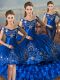 Amazing Floor Length Royal Blue 15 Quinceanera Dress Satin and Organza Sleeveless Embroidery and Ruffled Layers
