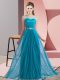 Sleeveless Chiffon Floor Length Lace Up Wedding Guest Dresses in Teal with Beading