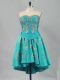 High Class Embroidery Prom Dress Turquoise Lace Up Sleeveless Mini Length