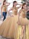 Gold Three Pieces Beading 15th Birthday Dress Lace Up Tulle Sleeveless Floor Length
