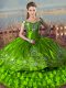 Sophisticated Sleeveless Satin Floor Length Lace Up Quince Ball Gowns in Green with Embroidery and Ruffled Layers