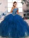 Noble Beading and Ruffles Ball Gown Prom Dress Blue Zipper Sleeveless Floor Length
