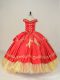 Custom Design Red Ball Gowns Satin and Organza Off The Shoulder Sleeveless Embroidery Floor Length Lace Up Sweet 16 Dress