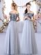 Sleeveless Tulle Floor Length Lace Up Bridesmaid Gown in Grey with Appliques