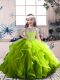 Sleeveless Tulle Floor Length Lace Up Little Girls Pageant Dress in Olive Green with Beading and Ruffles