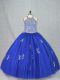 Blue Ball Gowns Tulle Halter Top Sleeveless Beading Floor Length Lace Up Ball Gown Prom Dress