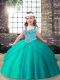 High Class Aqua Blue Ball Gowns Beading Little Girl Pageant Dress Lace Up Tulle Sleeveless Floor Length