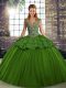 Fantastic Floor Length Lace Up Sweet 16 Dresses Green for Military Ball and Sweet 16 and Quinceanera with Beading and Appliques