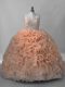 Peach Sleeveless Fabric With Rolling Flowers Brush Train Lace Up Quince Ball Gowns for Sweet 16 and Quinceanera