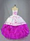 Sweetheart Sleeveless Quinceanera Gowns Brush Train Beading and Embroidery and Ruffles Fuchsia Organza