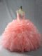 Peach Ball Gowns Beading and Ruffles and Pick Ups Quinceanera Dresses Zipper Organza Sleeveless Floor Length