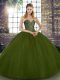 Low Price Sleeveless Floor Length Beading Lace Up Sweet 16 Dresses with Olive Green