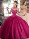 Romantic Fuchsia Tulle Lace Up Halter Top Sleeveless Quince Ball Gowns Brush Train Beading