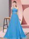 Blue Chiffon Lace Up One Shoulder Sleeveless Floor Length Prom Gown Beading