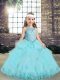 Aqua Blue Scoop Neckline Beading and Lace and Appliques Glitz Pageant Dress Sleeveless Lace Up