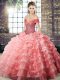 Fabulous Watermelon Red Sweet 16 Dresses Military Ball and Sweet 16 and Quinceanera with Beading and Ruffled Layers Off The Shoulder Sleeveless Brush Train Lace Up