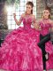 Suitable Fuchsia Halter Top Neckline Beading and Ruffles Quince Ball Gowns Sleeveless Lace Up