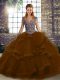 Luxury Sleeveless Tulle Floor Length Lace Up Sweet 16 Dresses in Brown with Beading and Ruffles