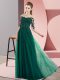 Chiffon Bateau Half Sleeves Lace Up Beading and Lace Bridesmaid Gown in Dark Green