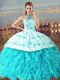 Cute Sleeveless Organza Court Train Lace Up Sweet 16 Quinceanera Dress in Aqua Blue with Embroidery and Ruffles