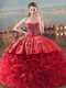 Coral Red Fabric With Rolling Flowers Lace Up Sweetheart Sleeveless Quinceanera Gown Brush Train Embroidery and Ruffles
