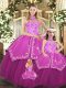 Fuchsia Sleeveless Satin and Tulle Lace Up Vestidos de Quinceanera for Military Ball and Sweet 16 and Quinceanera