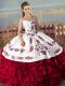 Flirting Floor Length Lace Up Quinceanera Dress Red for Sweet 16 and Quinceanera with Embroidery and Ruffles