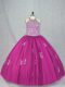Fuchsia Tulle Lace Up Halter Top Sleeveless Floor Length 15 Quinceanera Dress Beading and Appliques