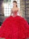 Red Lace Up Sweetheart Beading and Ruffles Sweet 16 Quinceanera Dress Tulle Sleeveless