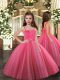 Hot Pink Ball Gowns Tulle Straps Sleeveless Beading Floor Length Lace Up Child Pageant Dress