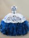 Luxurious Organza Halter Top Sleeveless Lace Up Embroidery and Ruffles Ball Gown Prom Dress in Blue And White